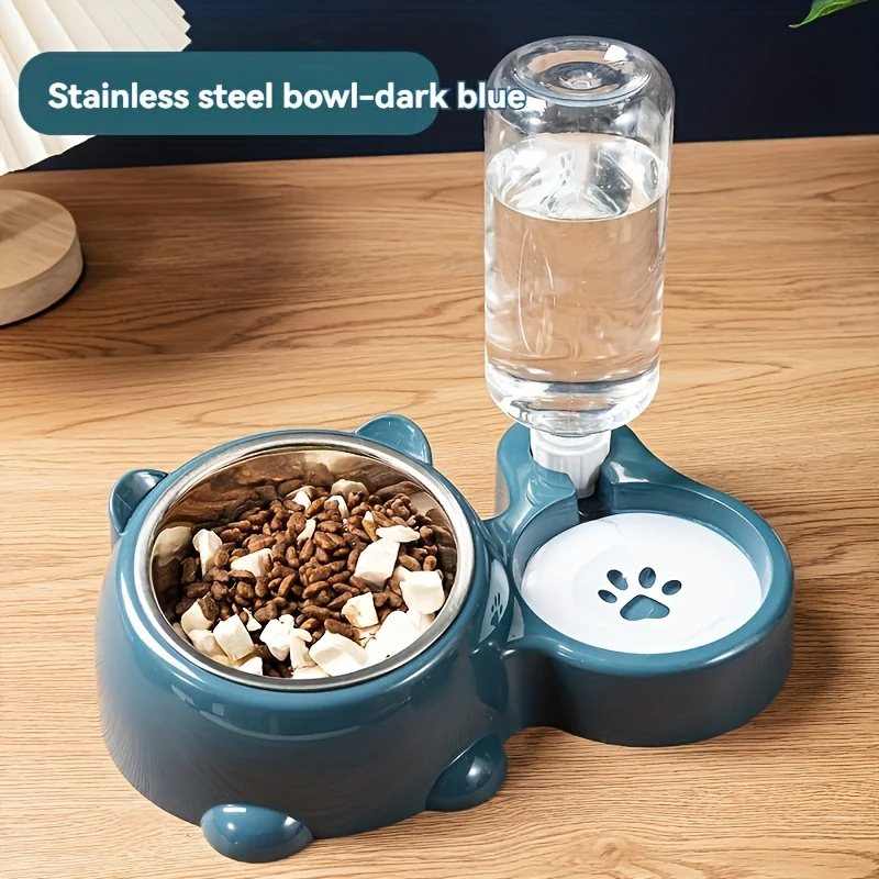 2-in-1 Automatic Pet Feeder & Water Dispenser, Stainless Steel & Plastic, Non-Slip Base, Dual Bowls with Paw Print Design for Cats and Small Dogs, No Batteries or Power Needed, Dog Feeder And Water Dispenser